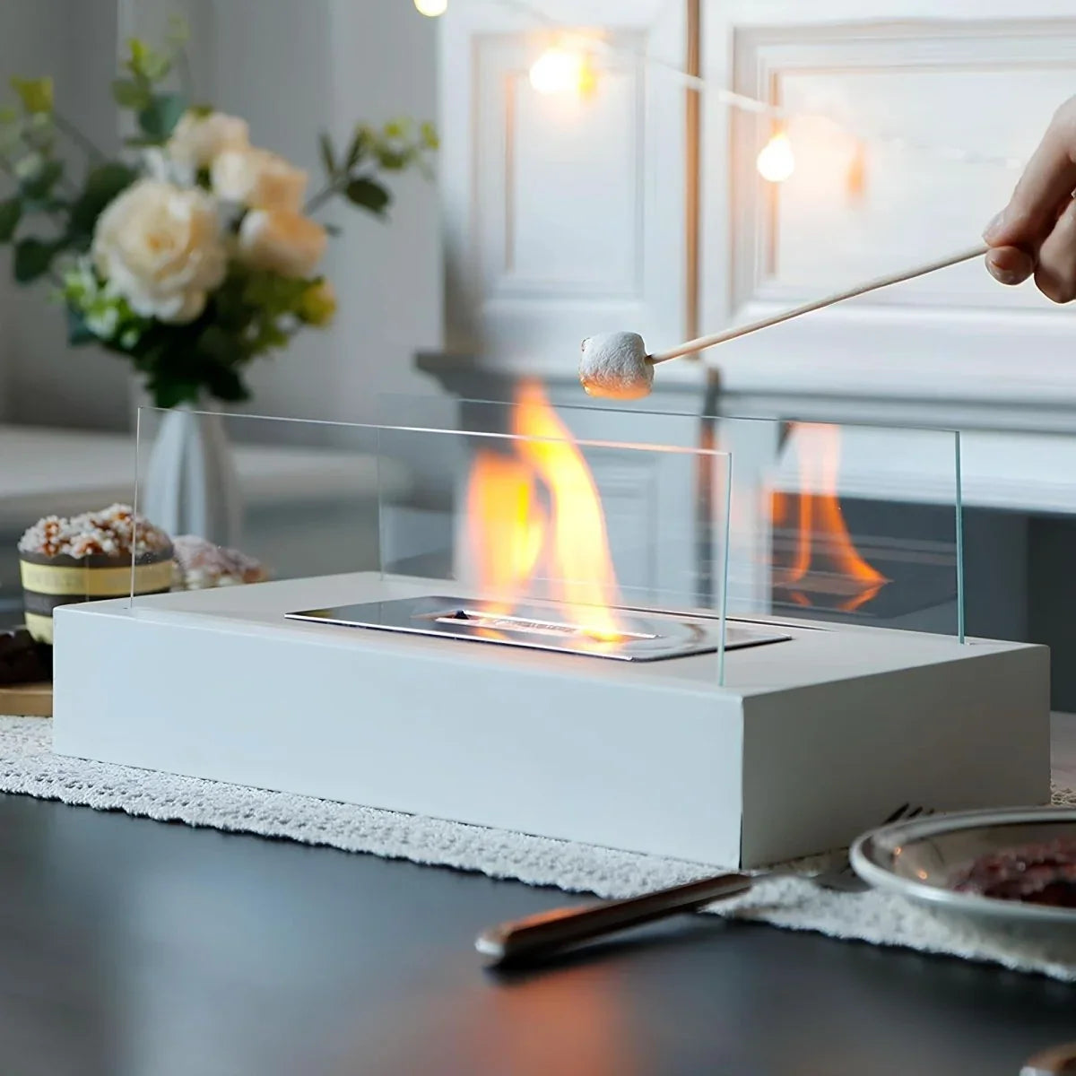 Tabletop Bioethanol Fireplace Portable Tempered Glass & Steel Smoke-Free Burning