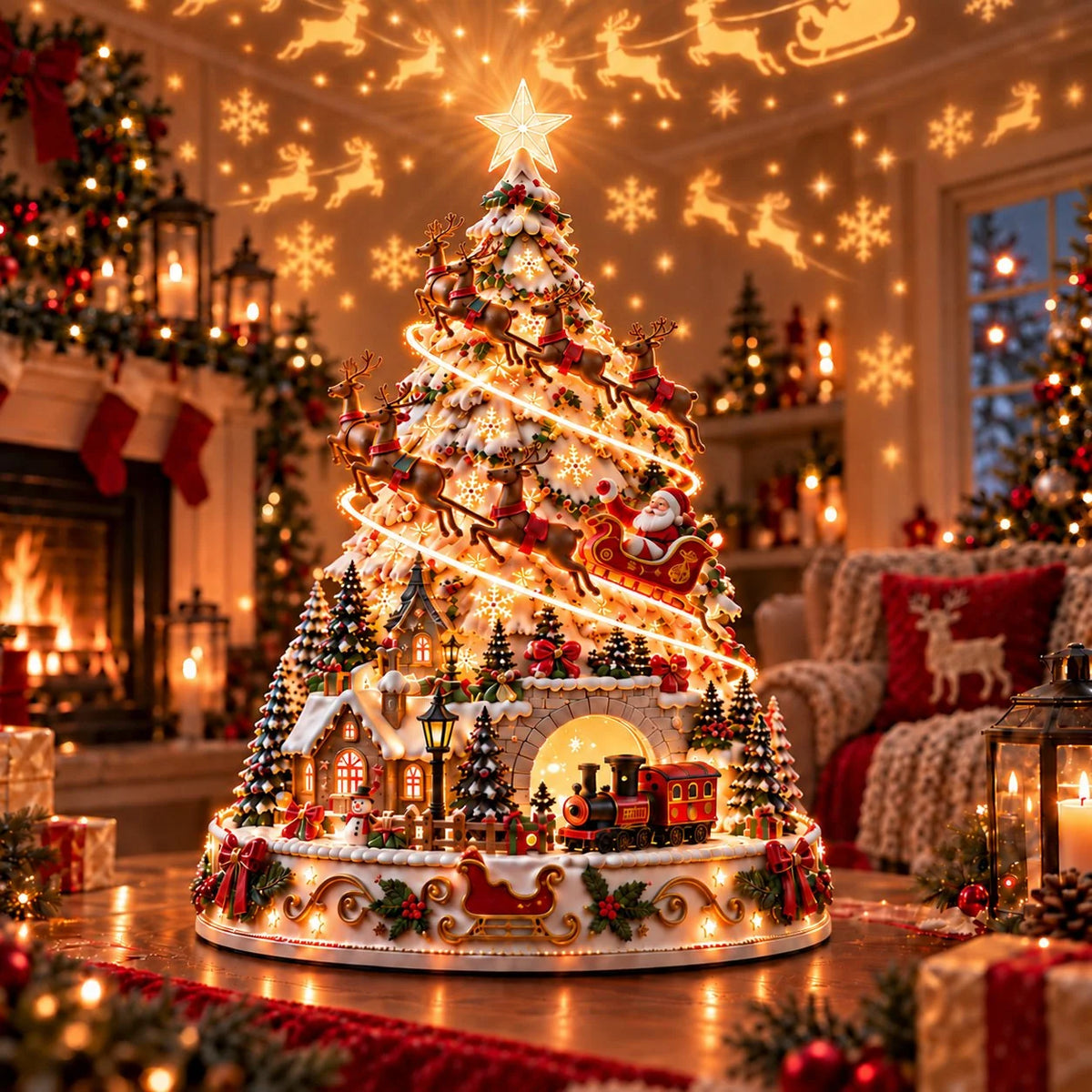 Tabletop Christmas Tree Illuminated Village Projection Lights