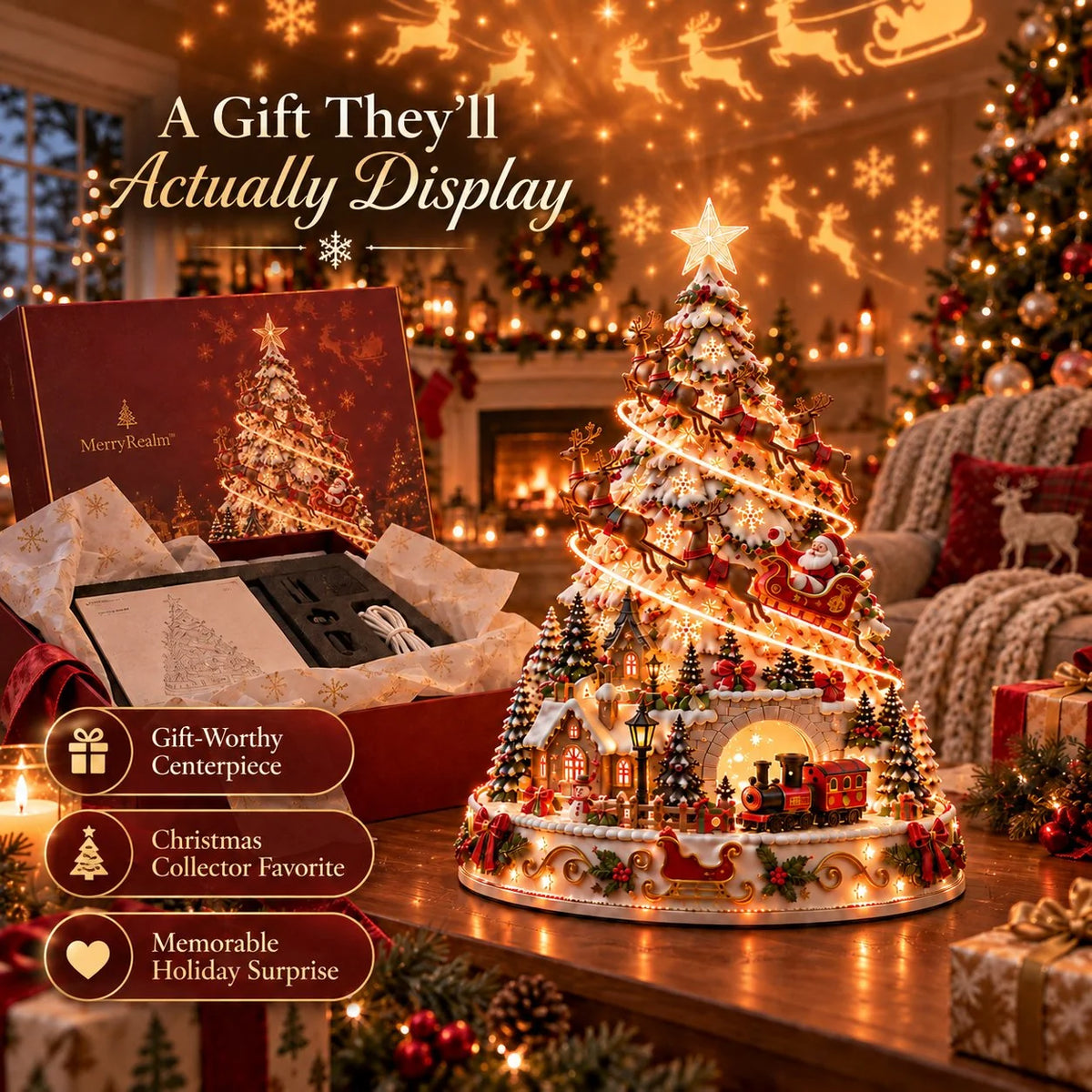 Tabletop Christmas Tree Illuminated Village Projection Lights