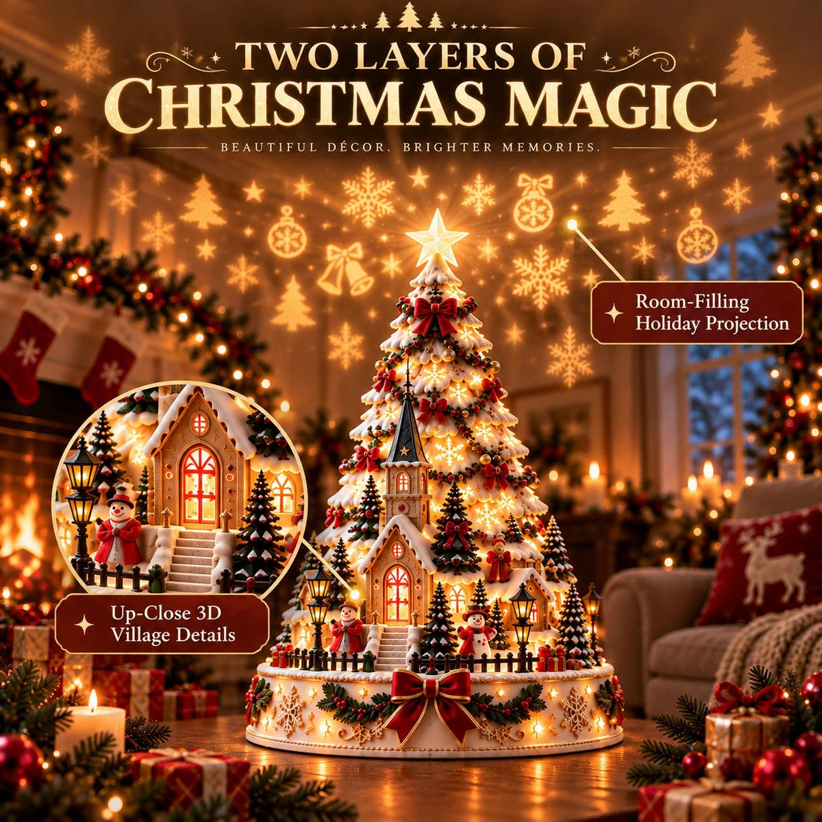 Tabletop Christmas Tree Illuminated Village Projection Lights