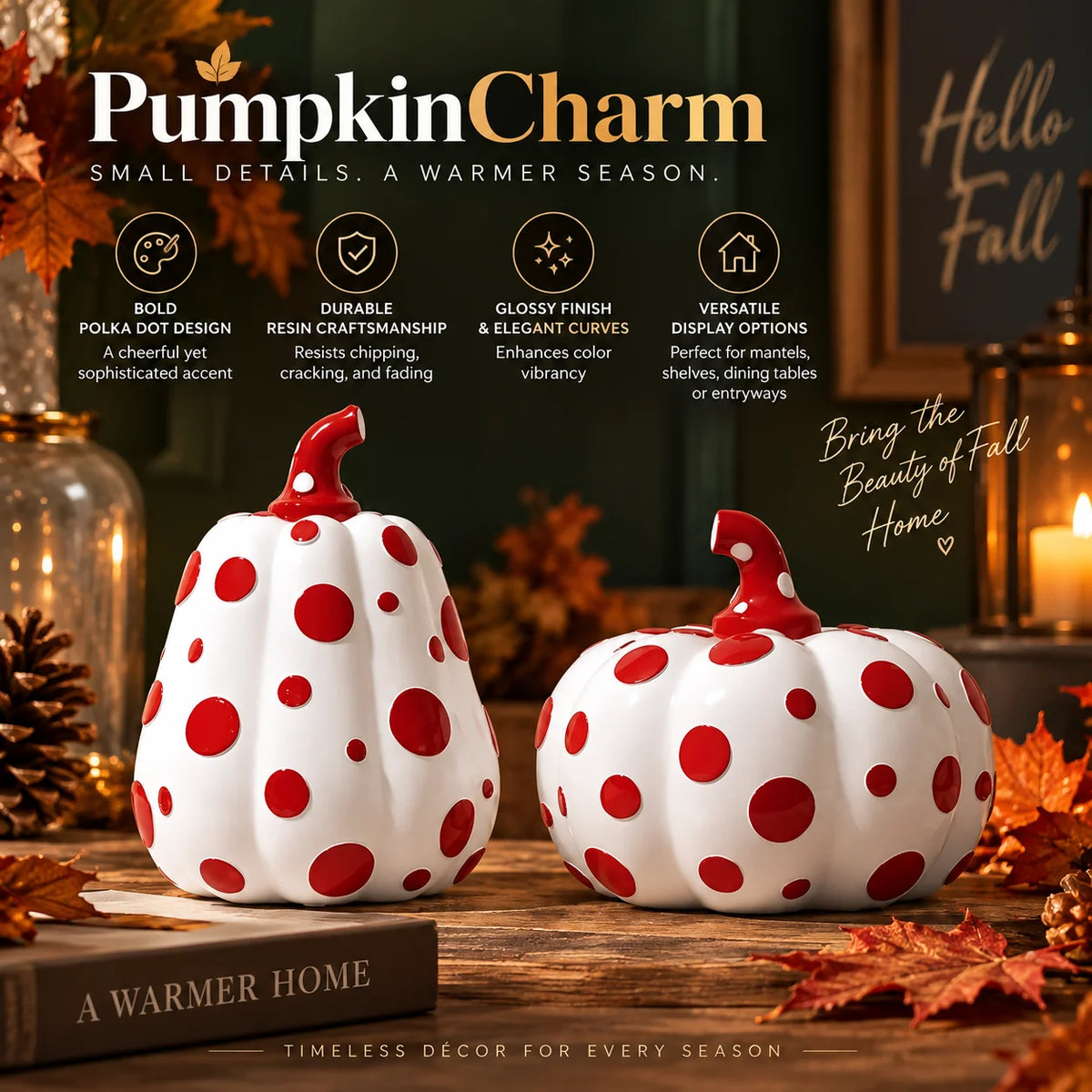 Tabletop Pumpkin Sculpted Resin Glossy Polka Dot
