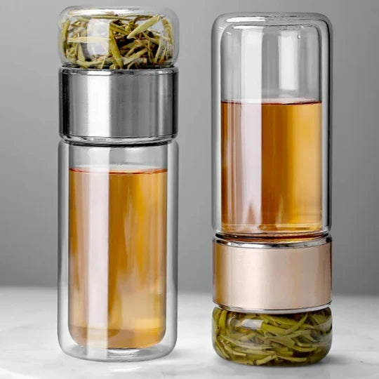 Tea Infuser Bottle Double-Wall Glass Built-In Strainer Leak-Proof Lid