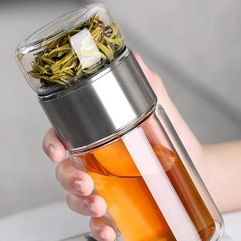Tea Infuser Bottle Double-Wall Glass Built-In Strainer Leak-Proof Lid