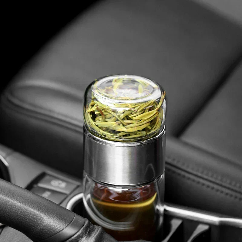 Tea Infuser Bottle Double-Wall Glass Built-In Strainer Leak-Proof Lid
