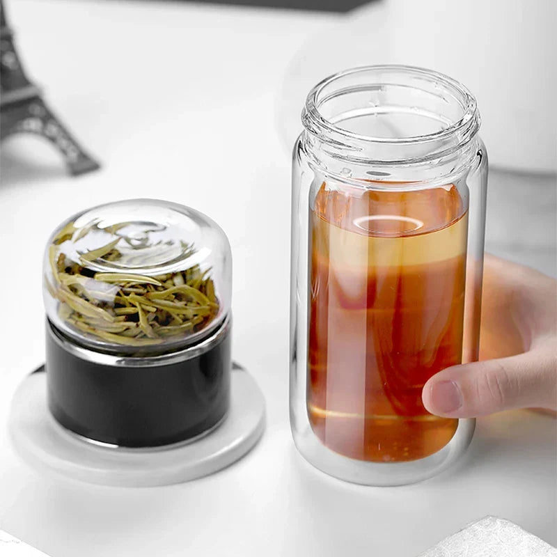 Tea Infuser Bottle Double-Wall Glass Built-In Strainer Leak-Proof Lid