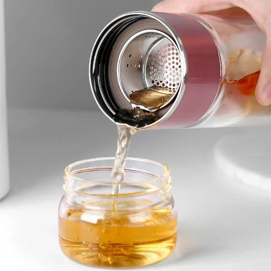Tea Infuser Bottle Double-Wall Glass Built-In Strainer Leak-Proof Lid