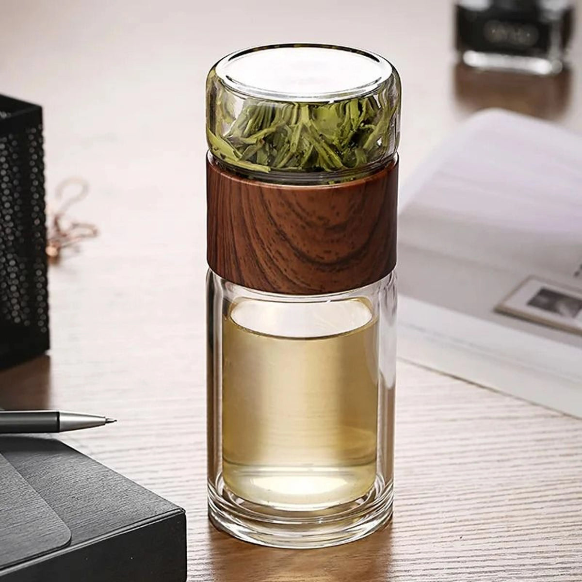 Tea Infuser Bottle Double-Wall Glass Stainless Steel Filter