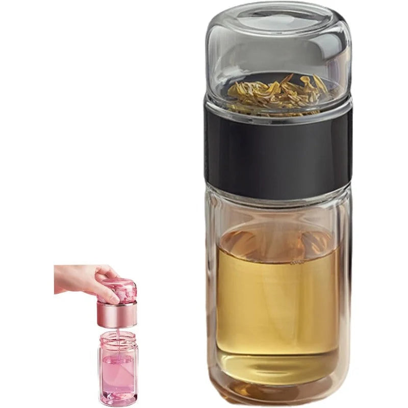 Tea Infuser Bottle Double-Wall Glass Tilt-Activated Filter Separation