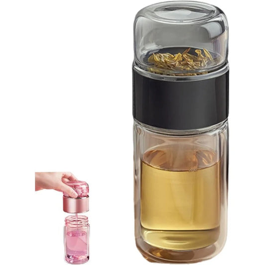 Tea Infuser Bottle Double-Wall Glass Tilt-Activated Filter Separation