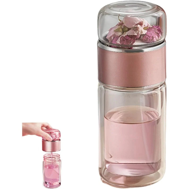 Tea Infuser Bottle Double-Wall Glass Tilt-Activated Filter Separation