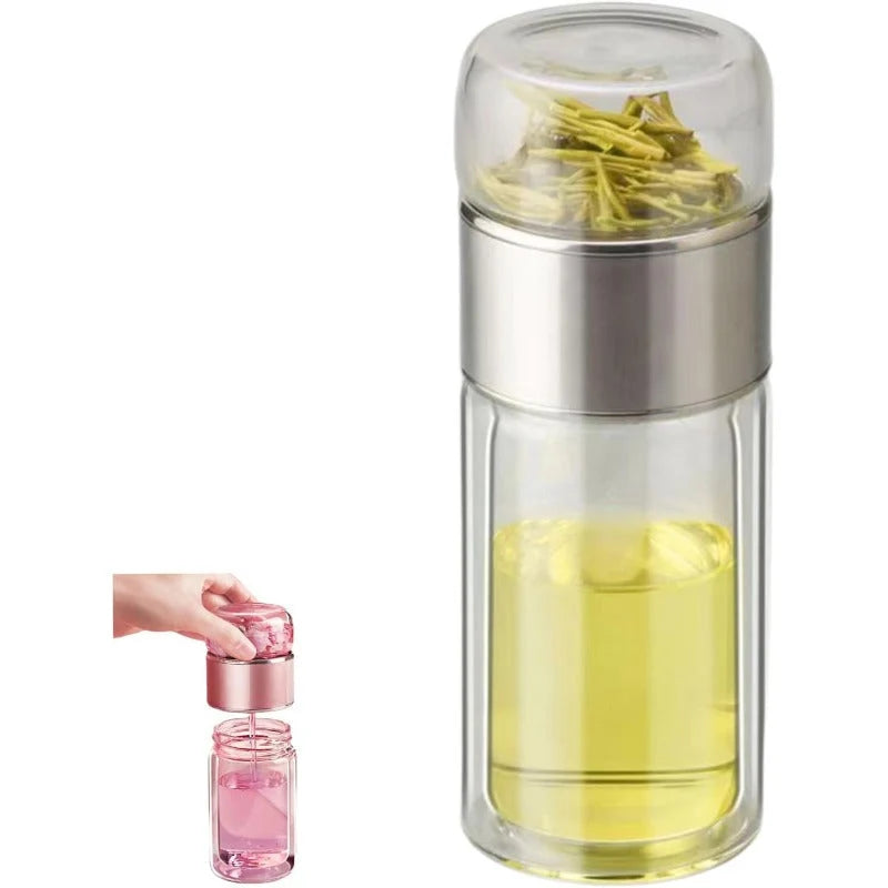 Tea Infuser Bottle Double-Wall Glass Tilt-Activated Filter Separation