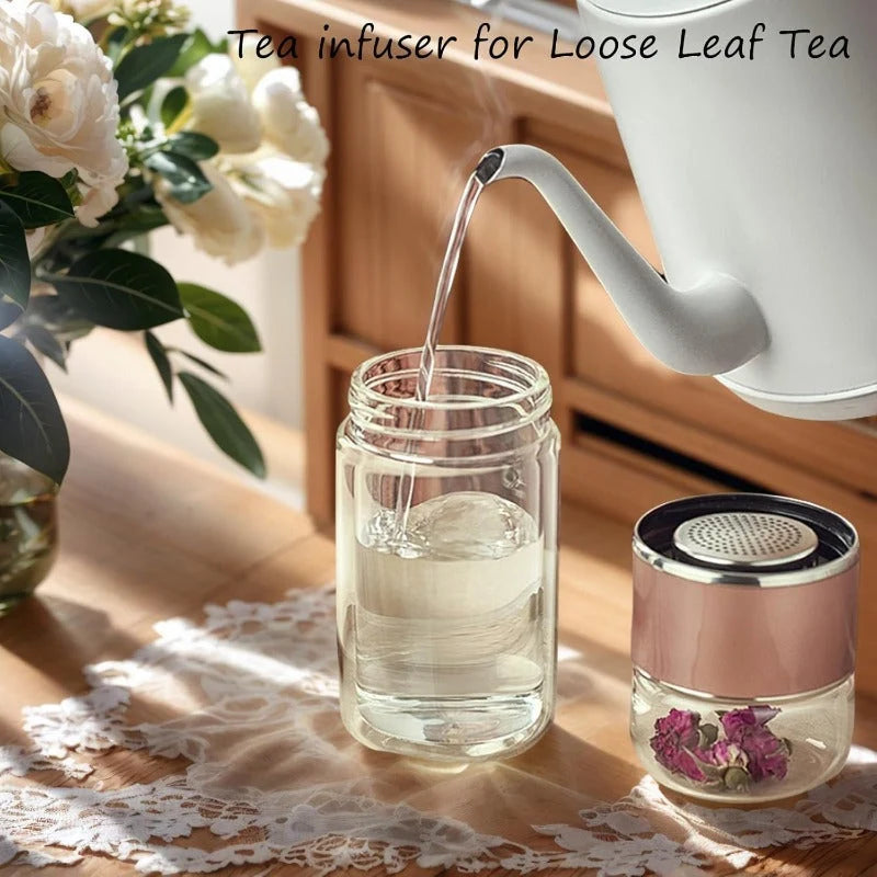 Tea Infuser Bottle Double-Wall Glass Tilt-Activated Filter Separation
