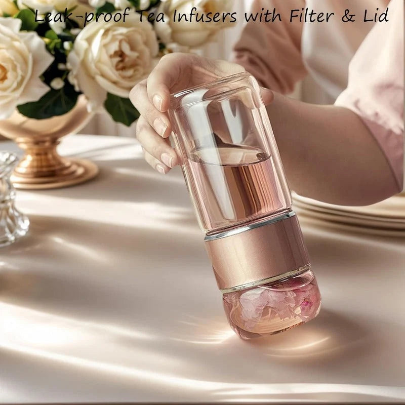 Tea Infuser Bottle Double-Wall Glass Tilt-Activated Filter Separation