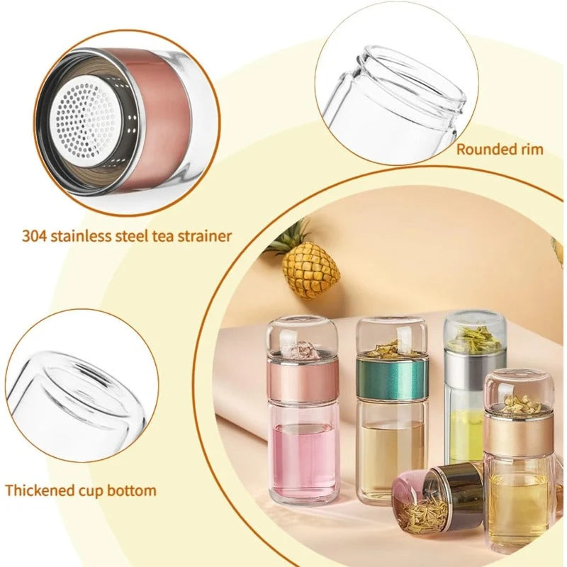 Tea Infuser Bottle Double-Wall Glass Tilt-Activated Filter Separation