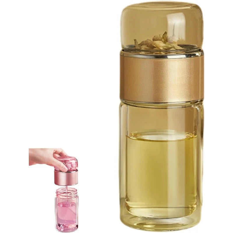 Tea Infuser Bottle Double-Wall Glass Tilt-Activated Filter Separation