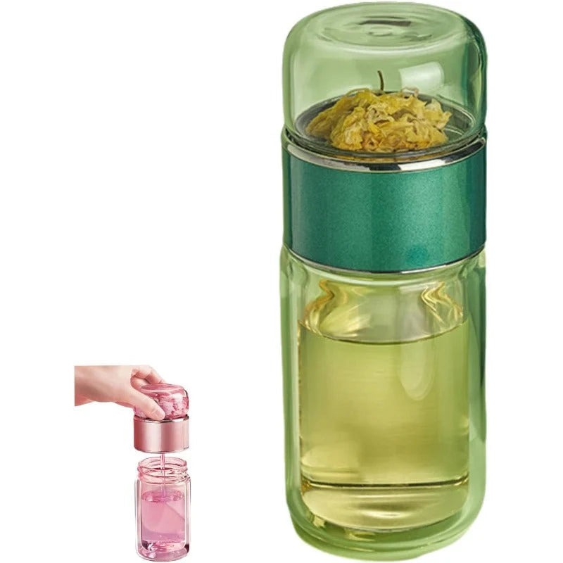 Tea Infuser Bottle Double-Wall Glass Tilt-Activated Filter Separation