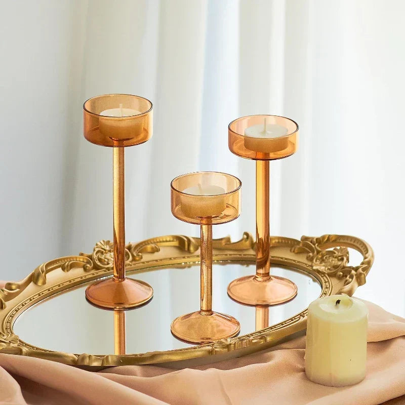 Tealight Candle Holder Set Glass Set of 3 Reflective Design