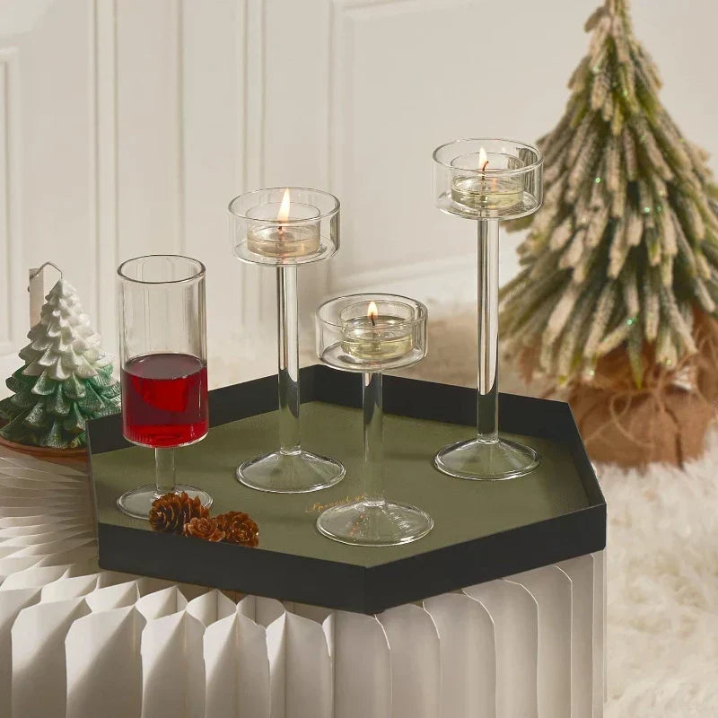 Tealight Candle Holder Set Glass Set of 3 Reflective Design