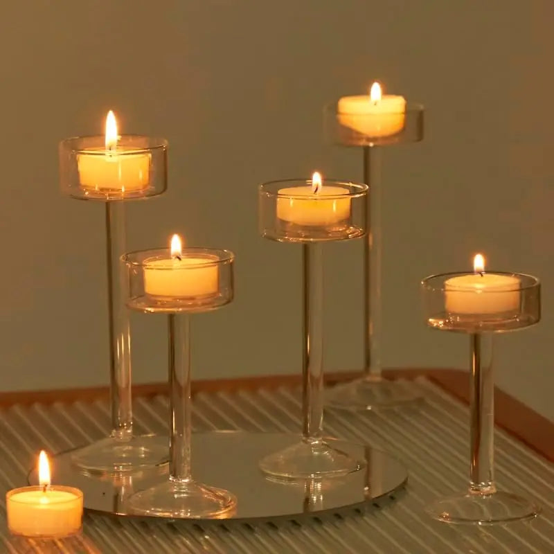 Tealight Candle Holder Set Glass Set of 3 Reflective Design