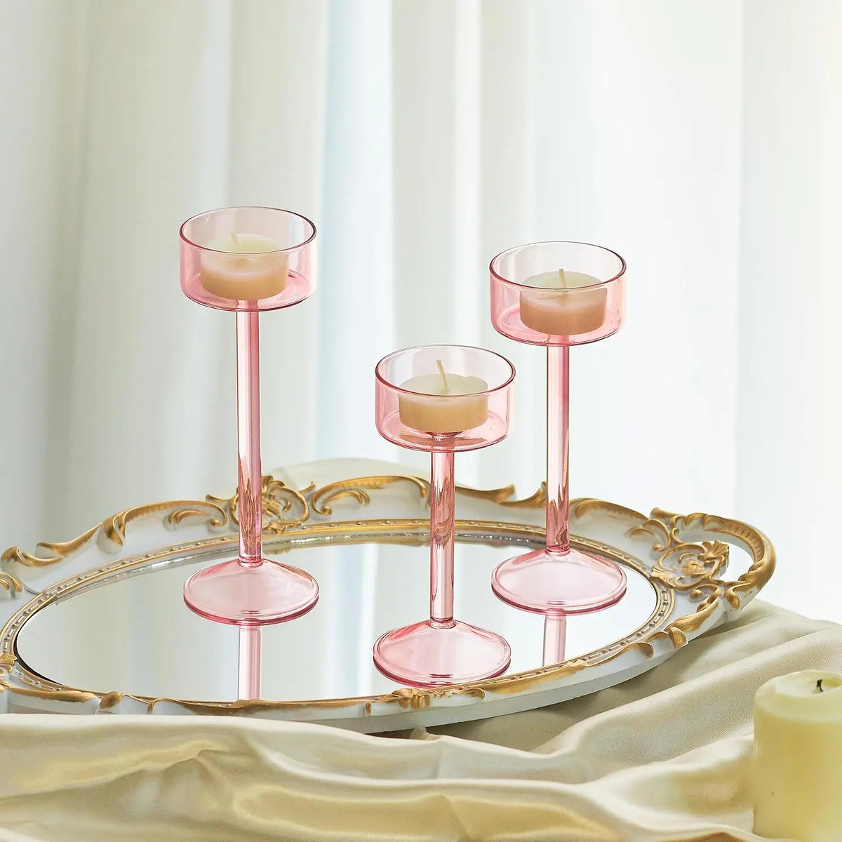 Tealight Candle Holder Set Glass Set of 3 Reflective Design