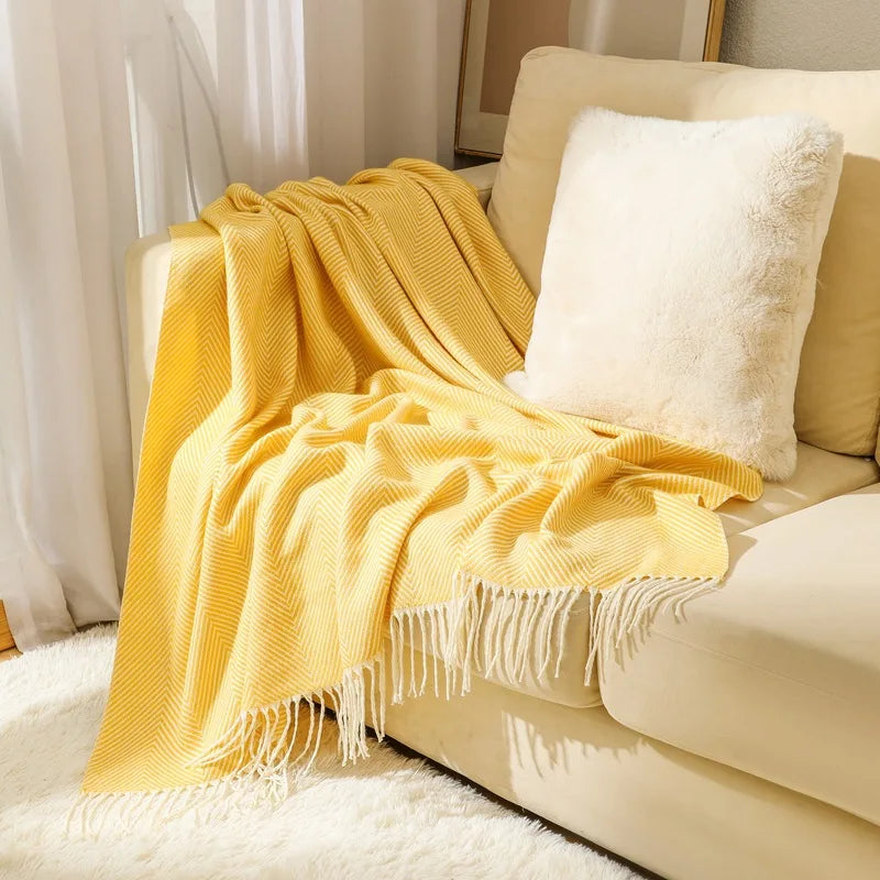 Throw Blanket 100% Cotton Herringbone Weave Fringed Ends