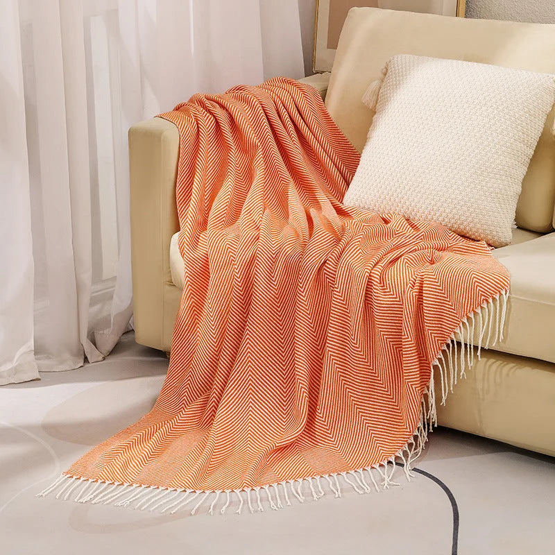 Throw Blanket 100% Cotton Herringbone Weave Fringed Ends