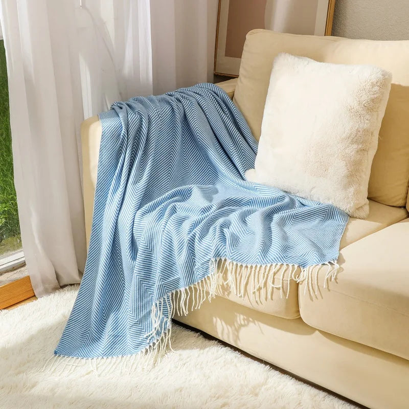 Throw Blanket 100% Cotton Herringbone Weave Fringed Ends