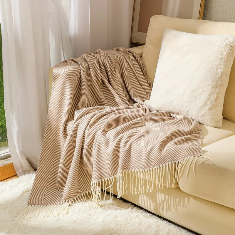 Throw Blanket 100% Cotton Herringbone Weave Fringed Ends