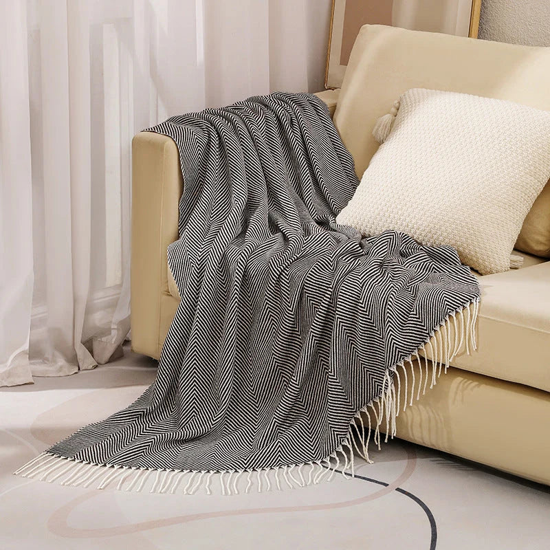 Throw Blanket 100% Cotton Herringbone Weave Fringed Ends