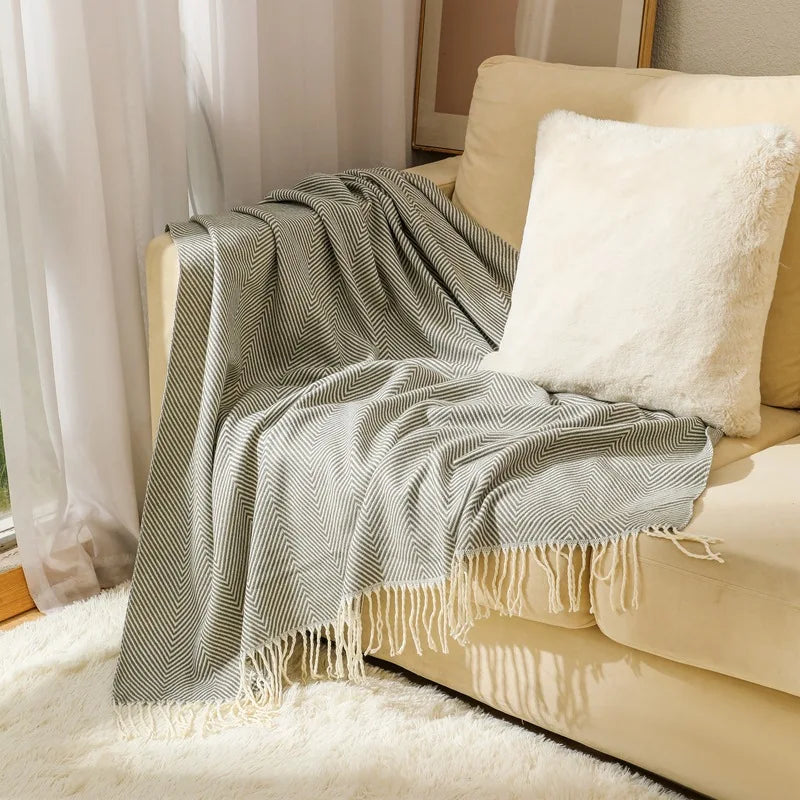 Throw Blanket 100% Cotton Herringbone Weave Fringed Ends