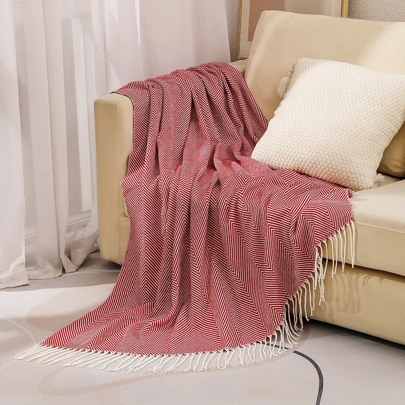 Throw Blanket 100% Cotton Herringbone Weave Fringed Ends