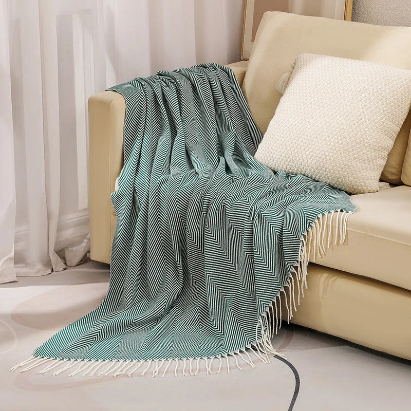 Throw Blanket 100% Cotton Herringbone Weave Fringed Ends