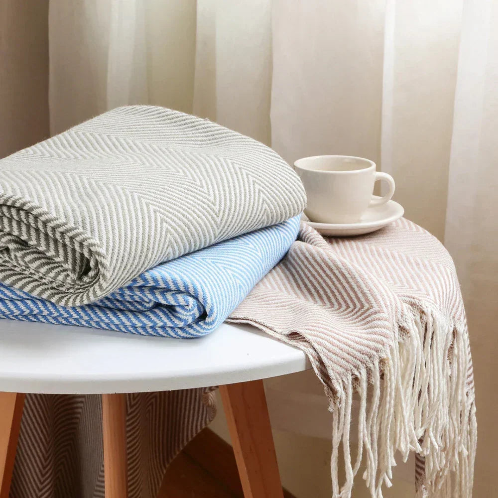Throw Blanket 100% Cotton Herringbone Weave Fringed Ends