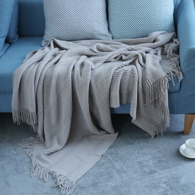 Throw Blanket Acrylic Textured Stripes Tassel Fringe