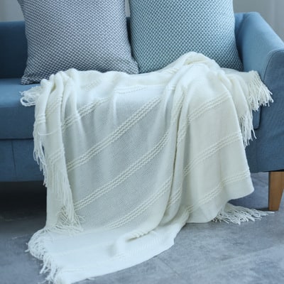 Throw Blanket Acrylic Textured Stripes Tassel Fringe