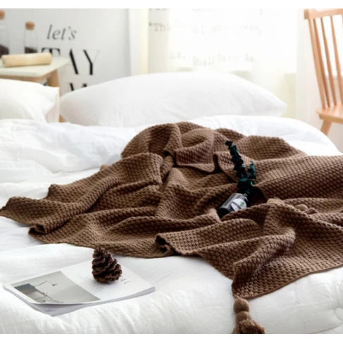 Throw Blanket Acrylic Waffle Knit Pom-Pom Tassels Pill-Resistant
