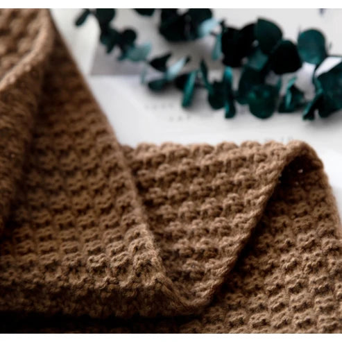 Throw Blanket Acrylic Waffle Knit Pom-Pom Tassels Pill-Resistant