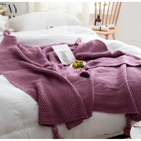 Throw Blanket Acrylic Waffle Knit Pom-Pom Tassels Pill-Resistant