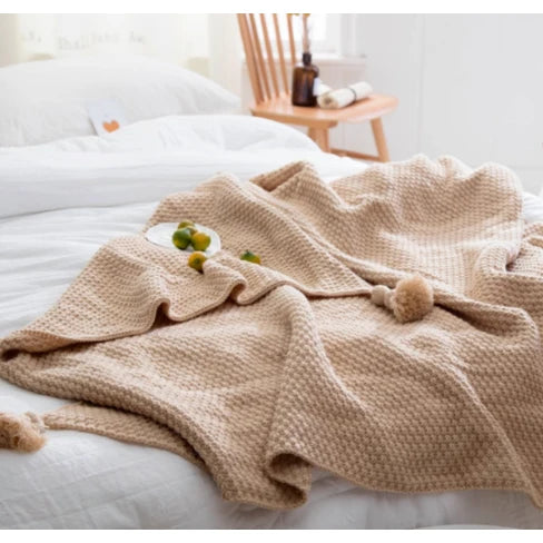 Throw Blanket Acrylic Waffle Knit Pom-Pom Trim