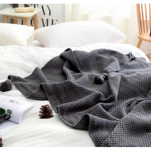 Throw Blanket Acrylic Waffle Knit Pom-Pom Trim