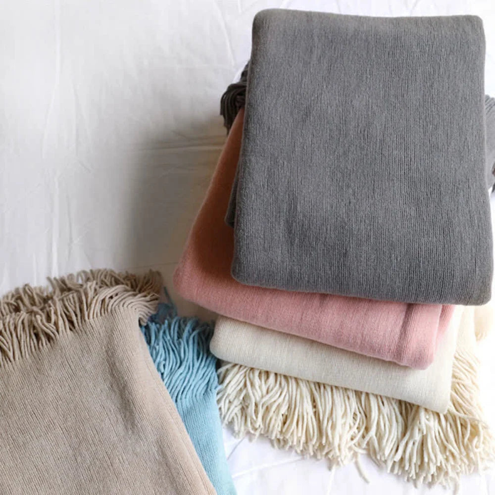 Throw Blanket Chunky Knit Acrylic Tassel Fringe Machine Washable