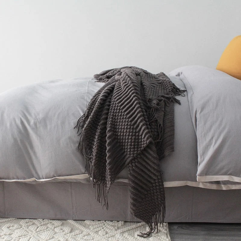 Throw Blanket Chunky Popcorn Knit With Fringe Machine Washable