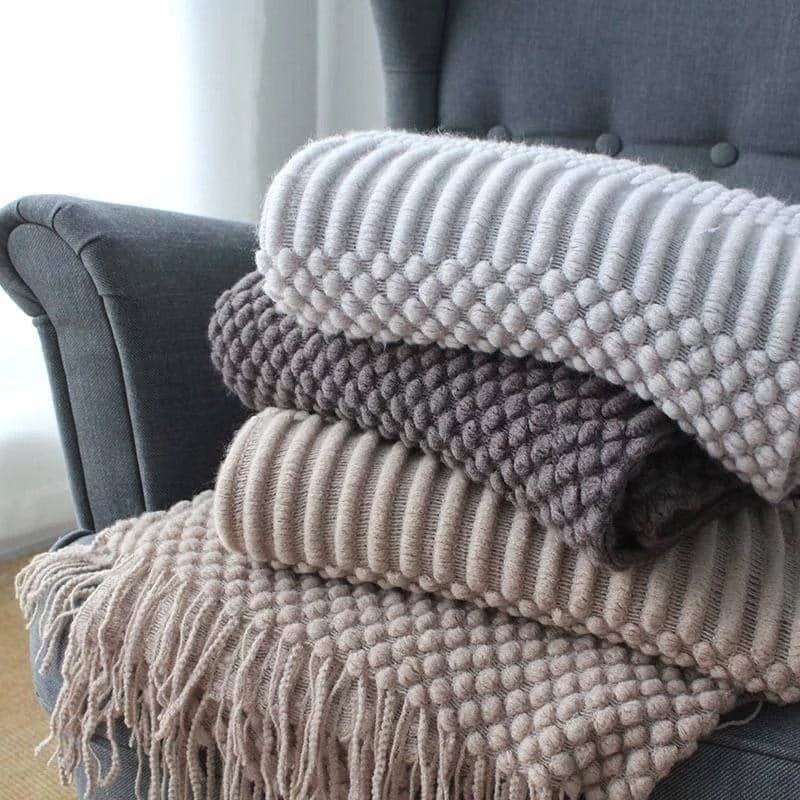Throw Blanket Chunky Popcorn Knit With Fringe Machine Washable