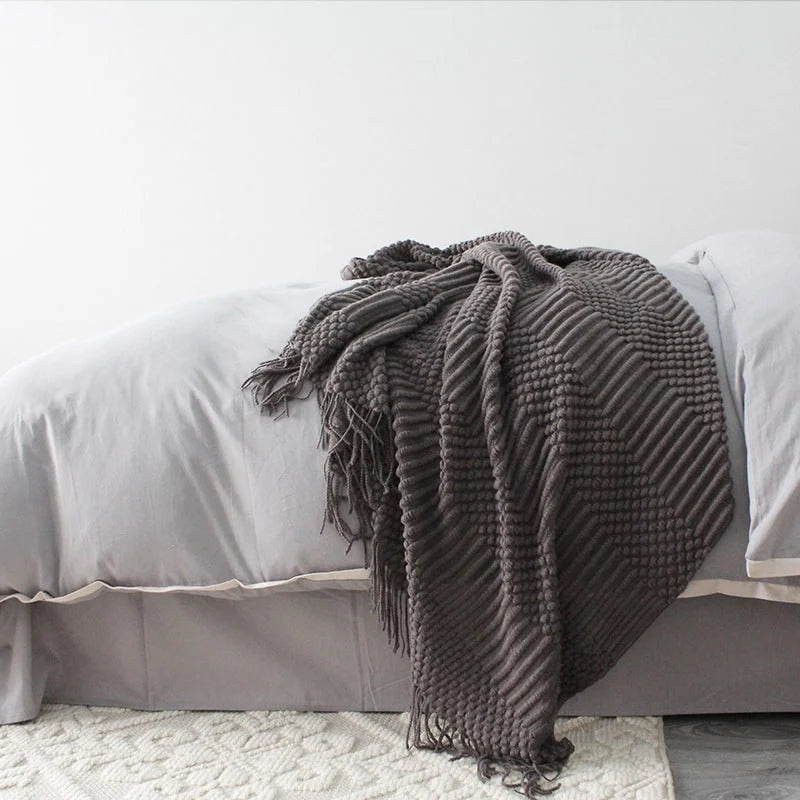 Throw Blanket Chunky Popcorn Knit With Fringe Machine Washable