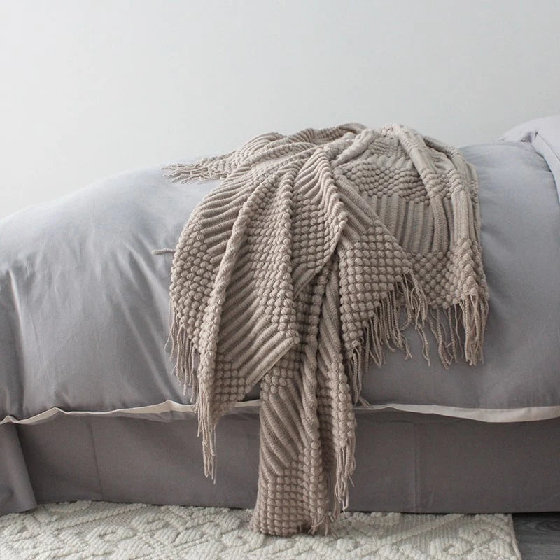 Throw Blanket Chunky Popcorn Knit With Fringe Machine Washable