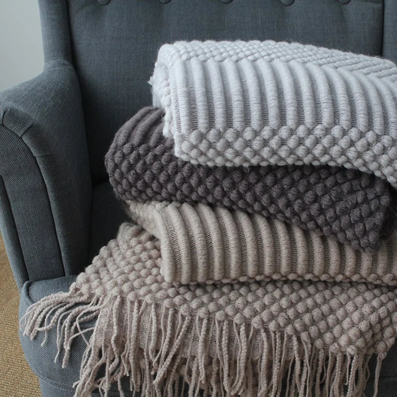 Throw Blanket Chunky Popcorn Knit With Fringe Machine Washable