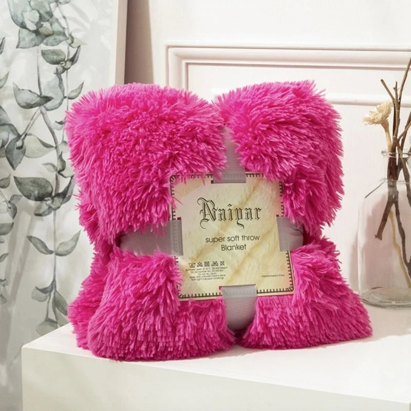 Throw Blanket Faux Fur Long-Pile Soft Non-Shedding