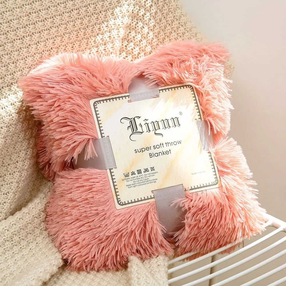 Throw Blanket Faux Fur Long-Pile Soft Non-Shedding