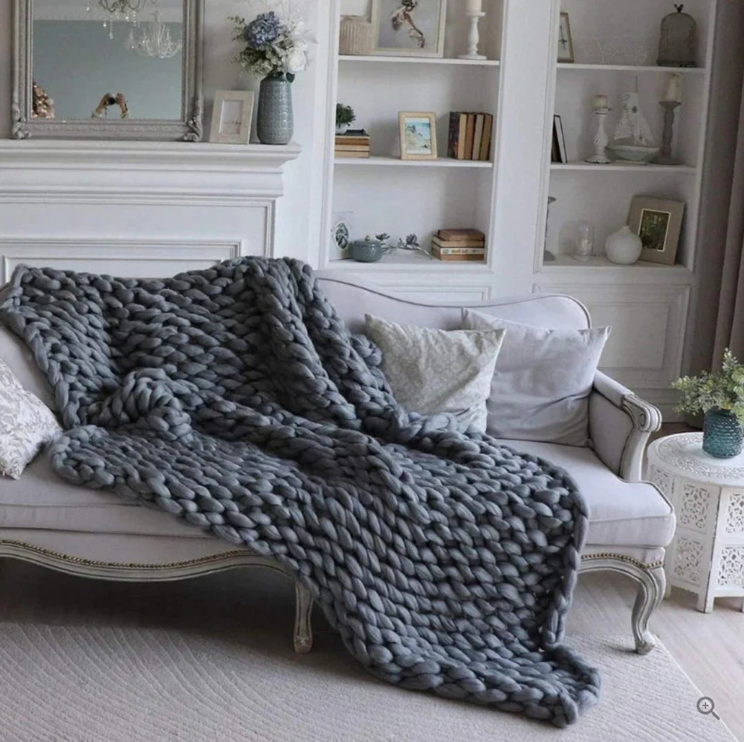 Throw Blanket Hand-Knitted Natural Fiber All-Season