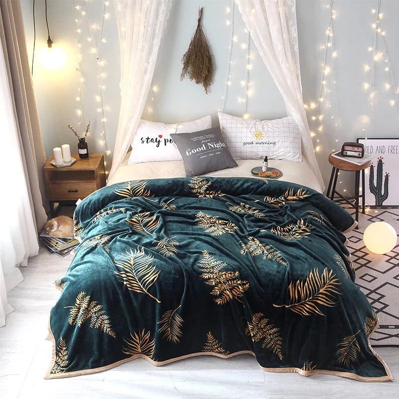 Throw Blanket Plush Flannel Botanical Leaf Pattern
